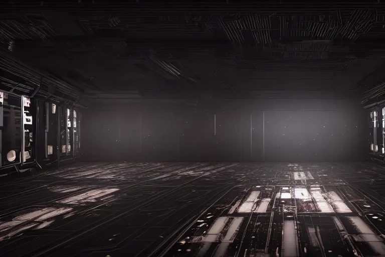 Prompt: a realistic rendering of a dark spacecraft interior, corridor, rows of doors, sparks from ceiling lights in the style of dead space, depth of field, anamorphic lens, sci - fi color grade