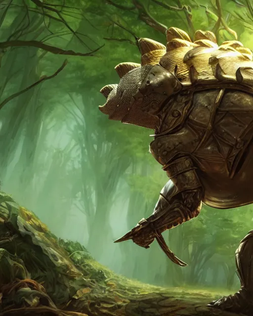 Image similar to Armadillo warrior, green cape , forest background, magic the gathering artwork, D&D, fantasy, cinematic lighting, centered, symmetrical, highly detailed, digital painting, artstation, concept art, smooth, sharp focus, illustration, volumetric lighting, epic Composition, 8k, art by Akihiko Yoshida and Greg Rutkowski and Craig Mullins, oil painting, cgsociety