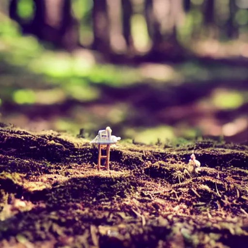 Prompt: tiny miniature, forest, sunny, depth of field, tilt shift effect