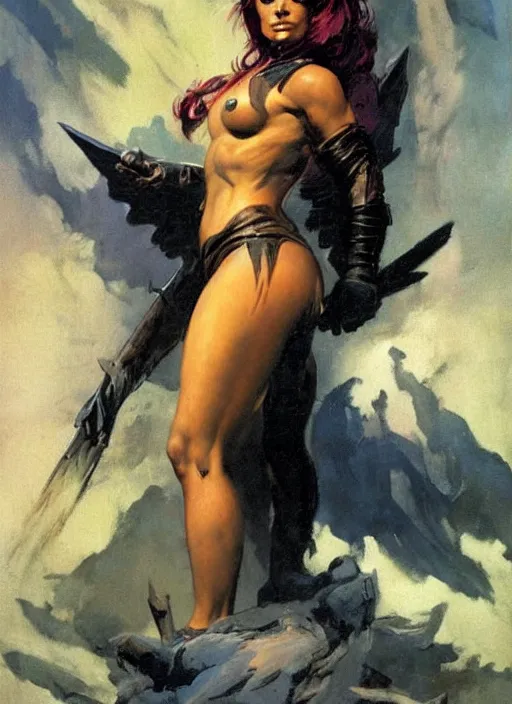 Image similar to portrait of female chaos angel, beautiful! coherent! by frank frazetta, by brom, strong line, deep color, armor, volumetric hair, high contrast