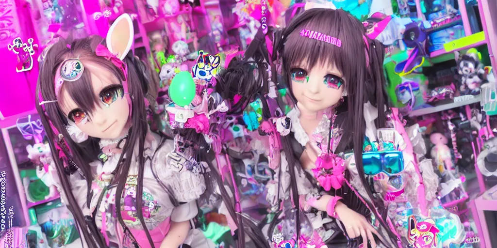 Image similar to 3 d anime render of a decora gyaru kawaii cybergoth emo fashion model vtuber, in a cyberpunk blade runner maximalist city of my melody sanrio plushies, wlop artstation imaginefx