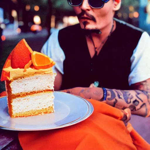 Image similar to johnny depp eating orange cake coloured film photography, 5 0 mm film