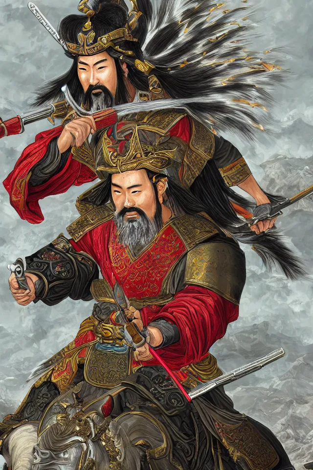 Prompt: a portrait of guan yu with a m 1 6 a 1, in the art style of han - era art, three kingdoms artsyle, artistic, highly detailed 4 k
