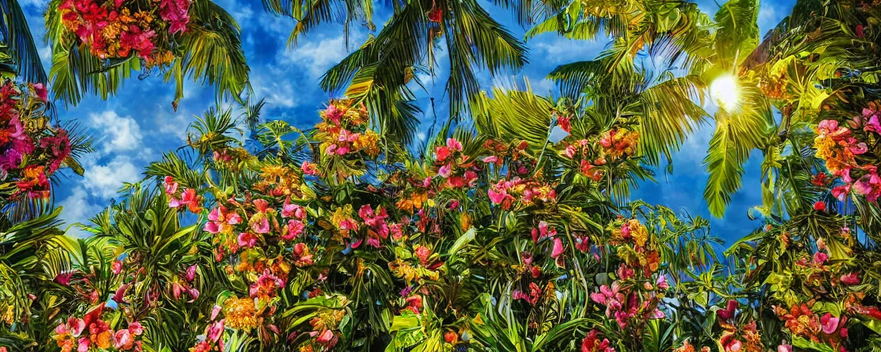 Image similar to a highly detailed oil photo of Tropical Flowers, a view from ground level: elegant, ornate, daytime. this is a beautifully lit scene, fine art photography