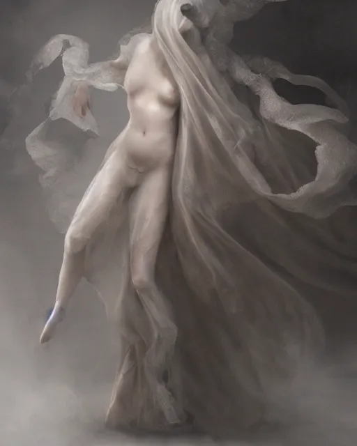 Image similar to professional concept art ethereal ghostlike valkyrie figure fluid simulation in houdini dancing in dark smoke robes and silk veils by ilm, paolo roversi, nick knight, amy judd, beautiful simplified form distorted by turbulent movement, dark studio background, vivid, romantic, trending on artstation, hyperrealism, matte painting, dutch golden age, fine detail, cgsociety