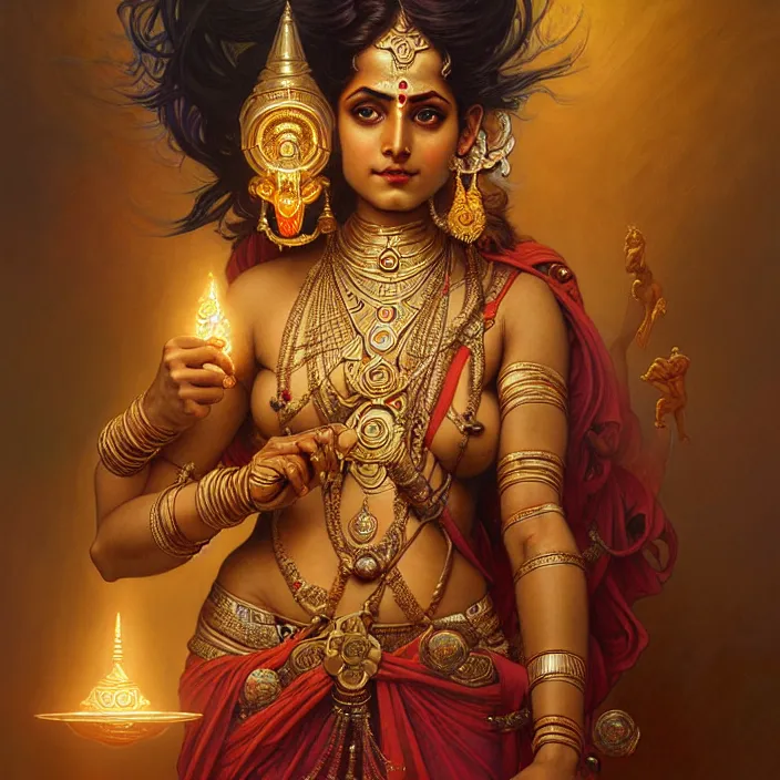 Image similar to hindu cyborg, lakshmi, diffuse lighting, fantasy, intricate, elegant, highly detailed, lifelike, photorealistic, digital painting, artstation, illustration, concept art, smooth, sharp focus, art by john collier and albert aublet and krenz cushart and artem demura and alphonse mucha