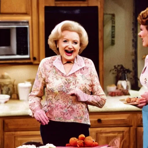 Prompt: betty white in golden girs ( tv ) eating cheesecake in the kitchen with her friends.
