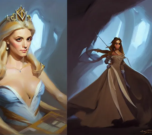 Prompt: greg manchess portrait painting of beautiful, princess d & d, fantasy, medium shot, asymmetrical, intricate, elegant, matte painting, illustration, hearthstone, by greg rutkowski, by greg tocchini, by james gilleard, by joe fenton, dynamic lighting, gradient light blue, brown, blonde cream and white color scheme, grunge aesthetic