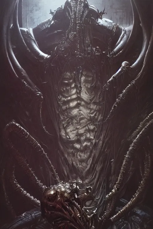 Image similar to portrait of xenomorph by hr giger, greg rutkowski, luis royo and wayne barlowe as a diablo, resident evil, dark souls, bloodborne monster