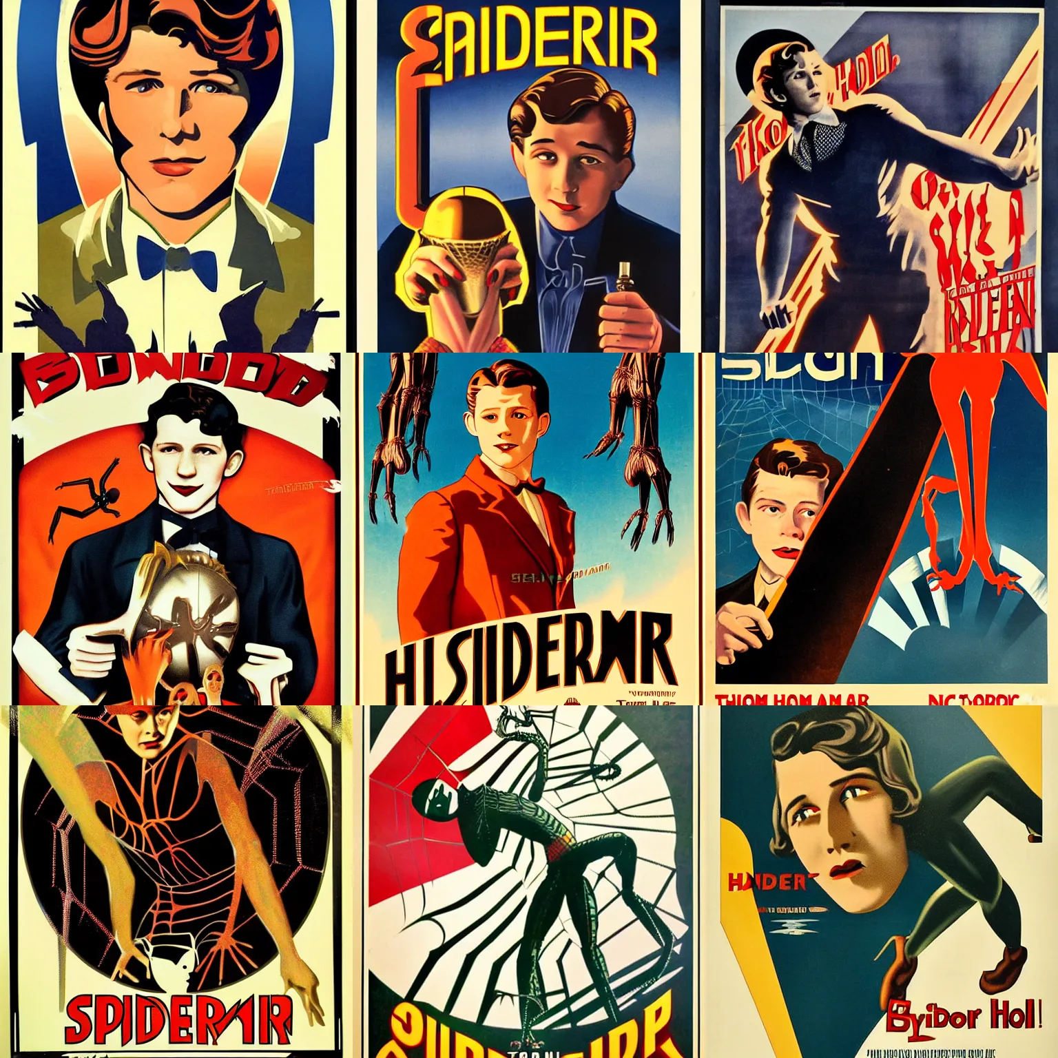 Prompt: art deco vintage movie poster of tom holland. movie called spider newt