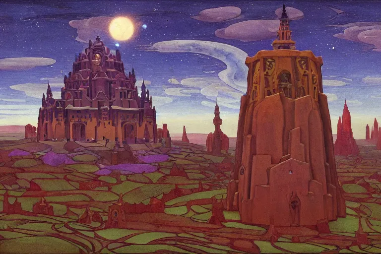 Image similar to the holy tower of the moon and stars and its surrounding gardens, dramatic cinematic lighting, ornate folk-art carved architecture, rich colors, by Nicholas Roerich and William Dyce and ford madox brown and April Gornik and Caspar David Friedrich and Diego Rivera and Tyler Edlin and Ivan Bilibin, featured on artstation