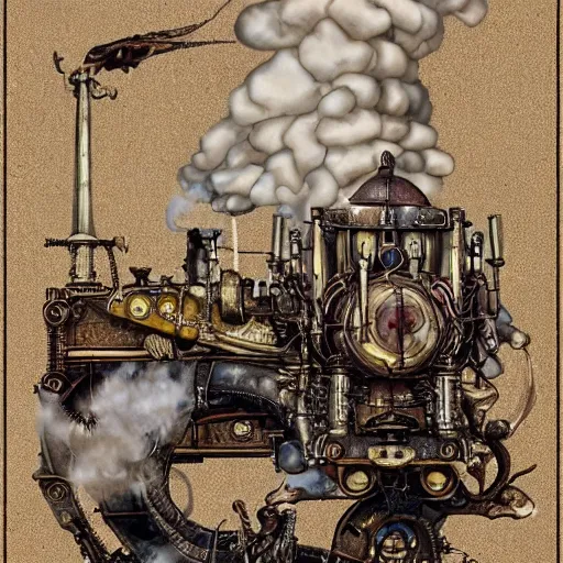 Image similar to a dragon with steam punk machine on it's side, book illustration