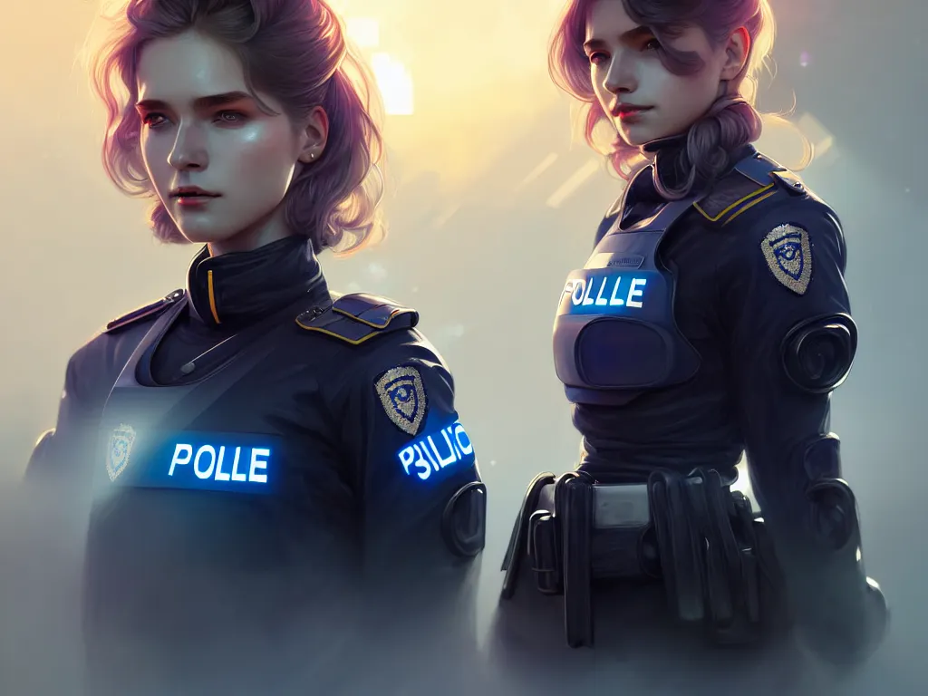 Image similar to portrait futuristic sweden police uniform female, at future neon light rooftop, ssci - fi and fantasy, intricate and very very beautiful and elegant, highly detailed, digital painting, artstation, concept art, smooth and sharp focus, illustration, art by tan zi and ayanamikodon and alphonse mucha and wlop