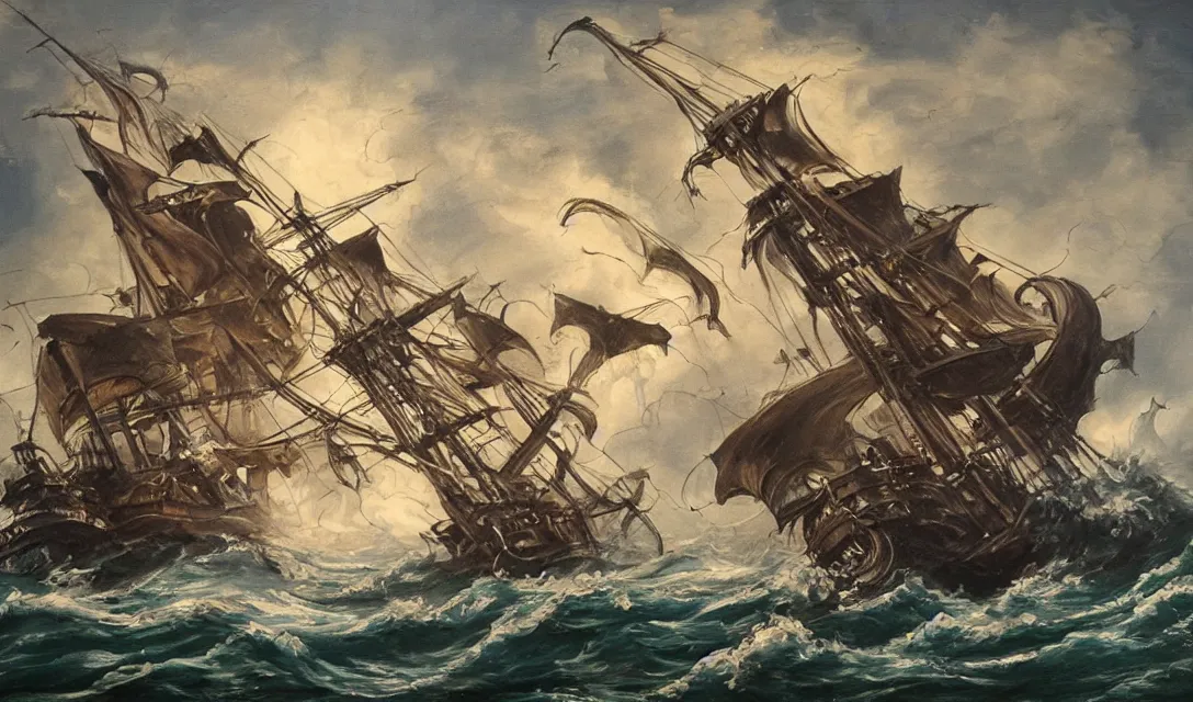 Image similar to oil painting of a kraken attacking a pirate ship