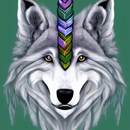 Prompt: Beautiful Digital Portrait Drawing of Mint-Colored Anthropomorphic Unicorn Wolf ,Trending on Artstation