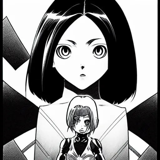 Image similar to alita by yukito kishiro. medium shot. black and white manga. pencil drawing.