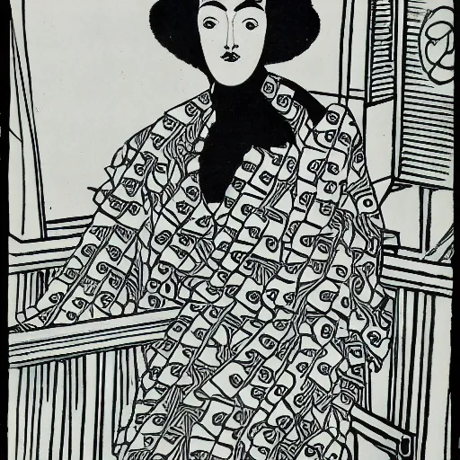 Image similar to A techno DJ, woodblock print, b&w, by Aubrey Beardsley