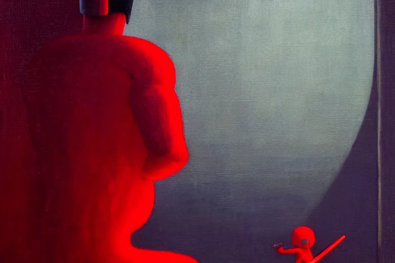 Image similar to only with red, a red samurai humanoid, tokio futuristic in background, yokai, in the style of beksinski, parts by edward hopper, parts by rodcenko, parts by yue minjun, intricate and epic composition, red by caravaggio, insanely quality, highly detailed, masterpiece, red light, artstation, 4 k