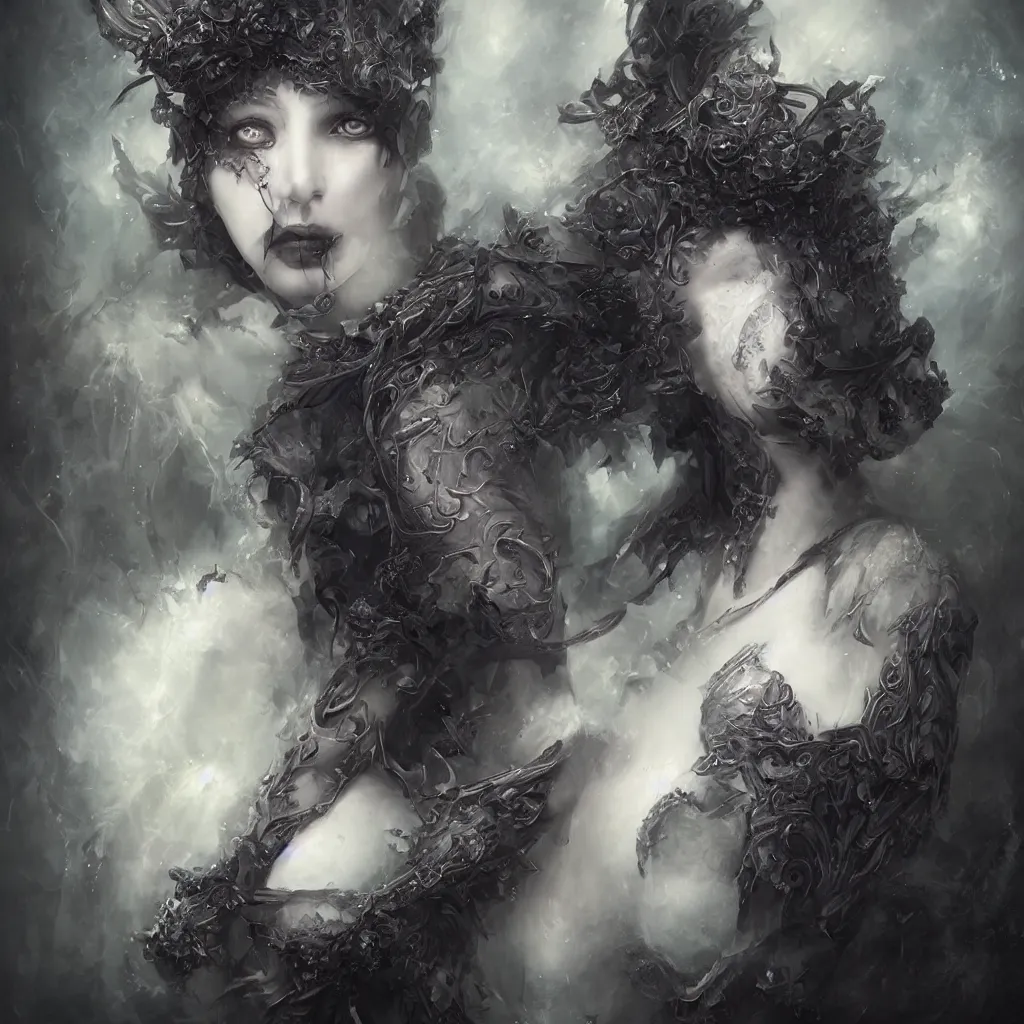 Prompt: tom bagshaw, soft painting centered portrait body shot fractal curiosities carnival, a single beautiful anthropomorphic female wolf mutation in full nightshade gothic armor, accurate features, focus, very intricate ultrafine details, black white purple volumetric clouds, award winning masterpiece, octane render 8 k hd