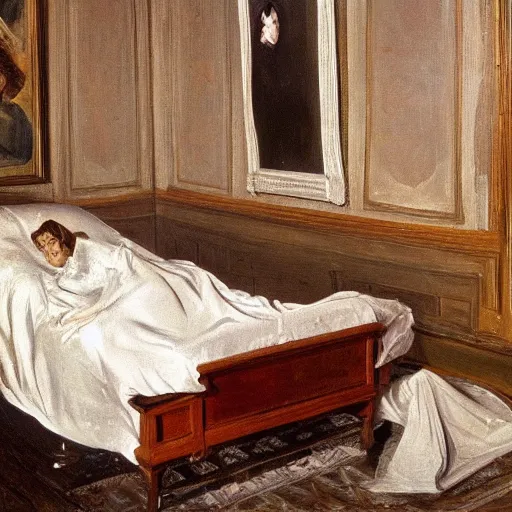 Image similar to painting of ema stone on a victorian bed in a big old room, wide shot by lucian freud