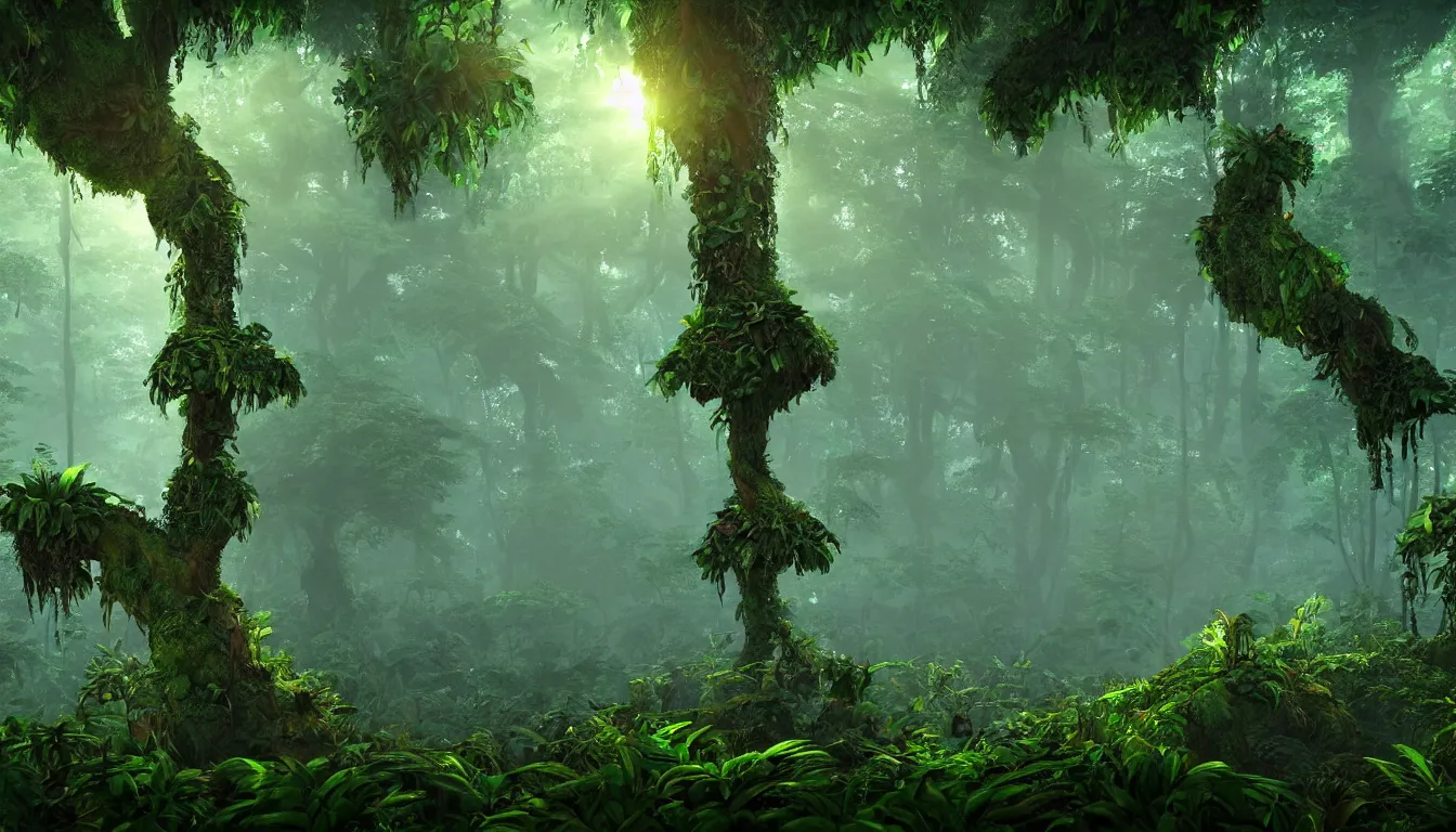 Image similar to deep jungle forest realm biodiversity , side-scrolling 2d platformer game level, swirling clouds of magical mist through the trees, small chunks of forest soil floating like islands between the tree trunks, dramatic dusk sun illuminates areas , volumetric light , detailed entangled roots carpet the forest floor, rich color , upscale , 8k