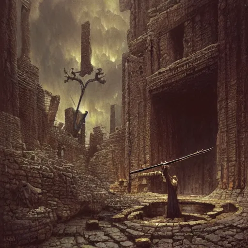 Image similar to a hyperdetailed painting of a dark executioner wielding a huge axe standing in the middle of an ancient ruined temple, by beksinski, wayne barlowe, adrian smith fantasy art, ruan jia, trending in artstation