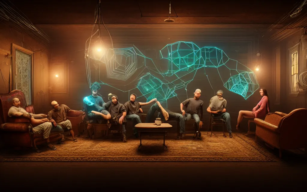 Image similar to A group of people sitting on an old couch in an old room with dusty antique furniture all around, very detailed, cyberpunk wires and oled monitors on the walls, digital displays and holographic projections, ultrarealistic, dramatic lighting, electrical details, high details, 4k, 8k, best, accurate, trending on artstation, artstation, photorealism, ultrarealistic, digital painting, style of Caravaggio, Boris Vallejo