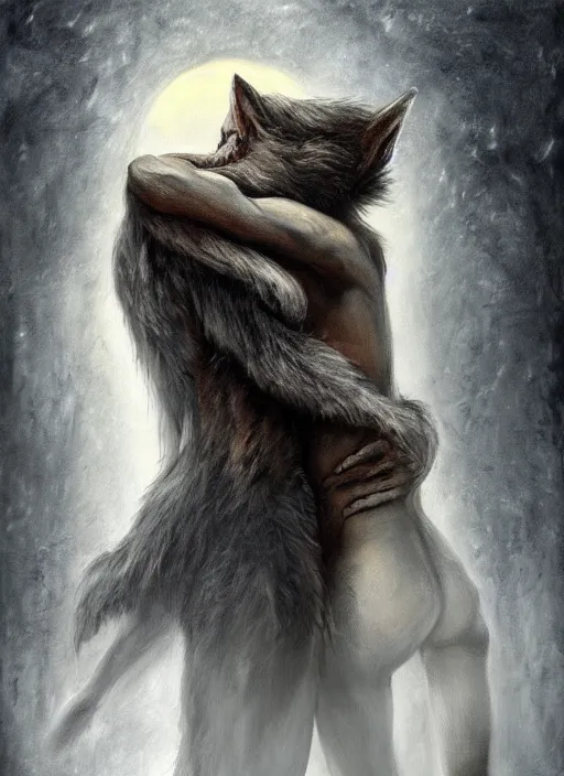 Image similar to a realistic painting of a werewolf at night hugging a man, dark fantasy art, matte painting, highly detailed