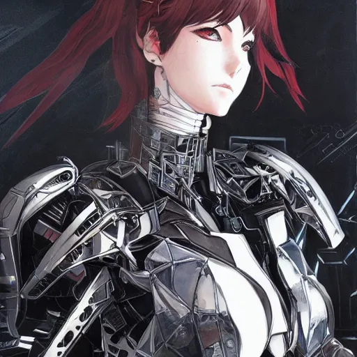 Image similar to girl wearing full suit of cyberpunk armor, intricate armor design, shigenori soejima illustration, heavy lineart, oil on canvas