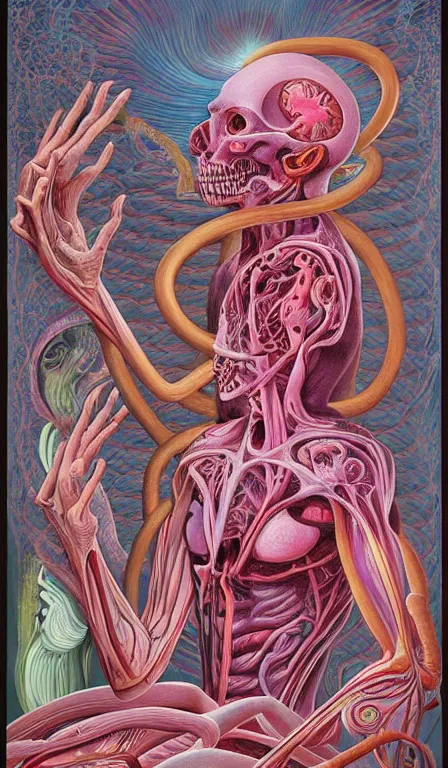 Image similar to a biomorphic painting of the hierophant tarot card! a anatomical medical illustration by nychos and alex grey, cgsociety, neo - figurative, pastel blues and pinks, detailed painting, rococo, oil on canvas, lovecraftian