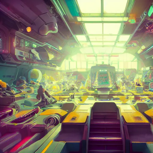 Image similar to neo brutralism, futuristic crowded space station interior, colorful, hyperrealistic, cgsociety, octane render, 8k, realistic depth, 3D feeling, sunlight, shadows, reflections, romanticism, 3D, realistic depth, in the style of Akihiko Yoshida and Greg Rutkowski