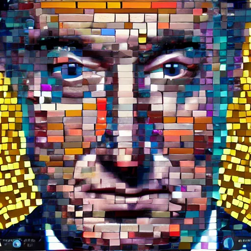 Image similar to portrait mosaic of trump with robot eyes, 4k, intricate details, digital, sun in the background