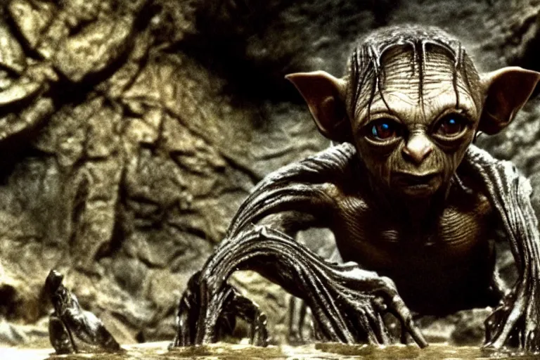 Prompt: lord of the rings directed by david fincher, gollum in the style of h. r. giger crouched on a rock in the center of a flooded cavern