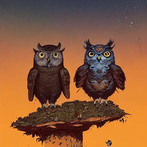 Image similar to long shot of a duo owl, duolingo, art by esao andrews, by james jean, marc simonetti, by victo ngai, humorous illustration, hyperrealistic, big depth of field, warm colors, night scenery, dim light, 3 d octane render, 4 k, tilt shift, conceptart, hyperdetailed, hyperrealistic, trending on artstation