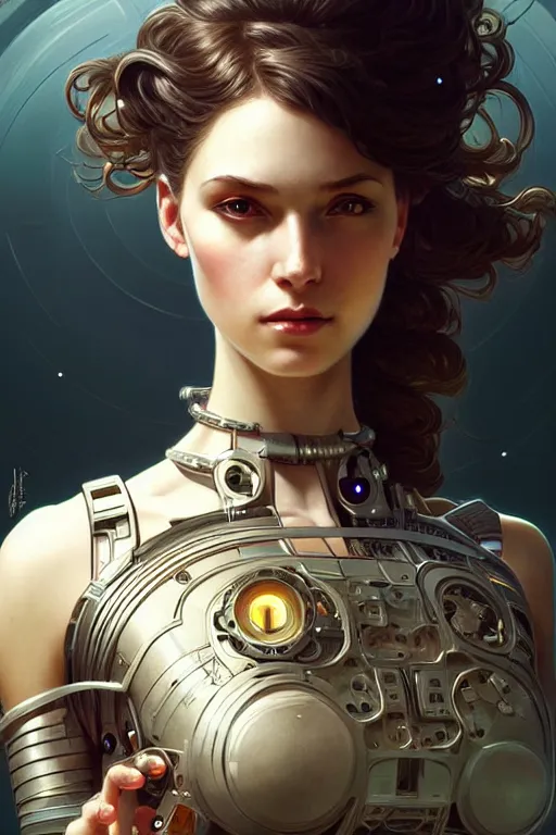 Image similar to beautiful female mechanical android!, half portrait, intricate detailed environment, photorealistic!, intricate, elegant, highly detailed, digital painting, artstation, smooth, sharp focus, art by artgerm and greg rutkowski and alphonse mucha