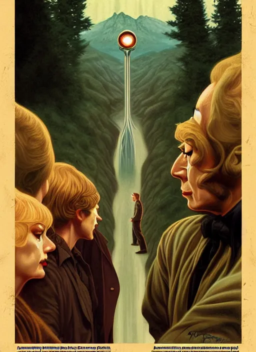 Image similar to twin peaks poster art, frodo baggins vs gollum, old retro pulp noir comic cover, by michael whelan, rossetti bouguereau, artgerm, retro, nostalgic, old fashioned