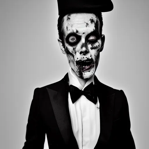 Image similar to a beautiful fashion portrait photograph of a friendly good looking zombie in a tuxedo, studio harcourt, black and white, fashion photography, paolo roversi, richard avedon, chiaroscuro, trending on artstation, ultradetailed, octane render, 4 k, unreal engine, 5 0 mm, sharp focus, studio light photography, high definition, irving penn,