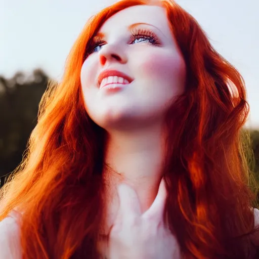 Image similar to beautiful redhead woman looking up at an angle full body with magic hour light y