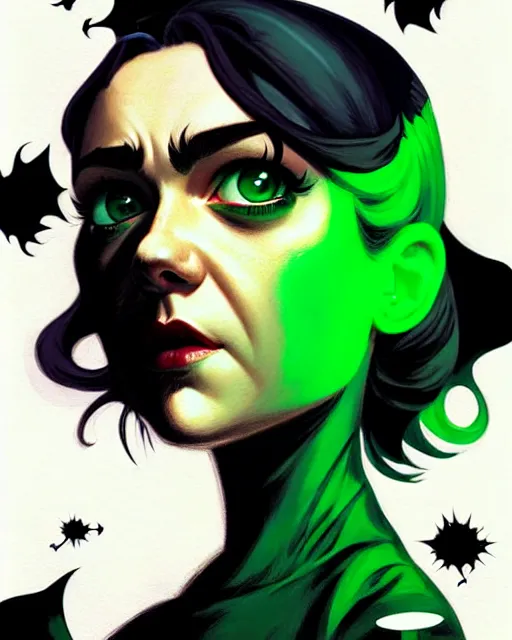 Image similar to rafael albuquerque comic art, peter mohrbacher, phil noto, artgerm, pretty evil maisie williams witch, black and green dress, symmetrical eyes