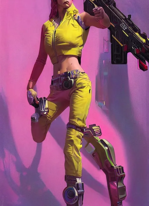 Prompt: beautiful cyberpunk female athlete wearing pink jumpsuit and yellow jacket. firing a futuristic red automatic pistol with huge magazine. ad for pistol. cyberpunk poster by james gurney, azamat khairov, and alphonso mucha. artstationhq. gorgeous face. painting with vivid color, cell shading. ( rb 6 s, cyberpunk 2 0 7 7 )