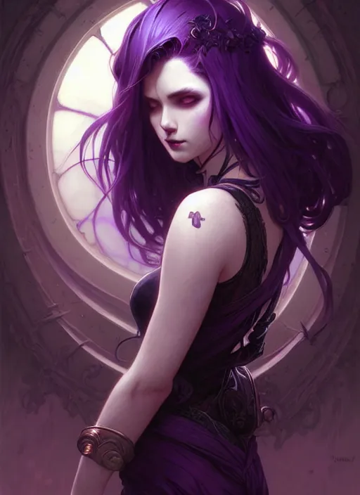 Prompt: Necromant, fantasy magic, undercut hairstyle, short purple black fade hair, dark light night, intricate, elegant, sharp focus, illustration, highly detailed, digital painting, concept art, matte, art by WLOP and Artgerm and Greg Rutkowski and Alphonse Mucha, masterpiece