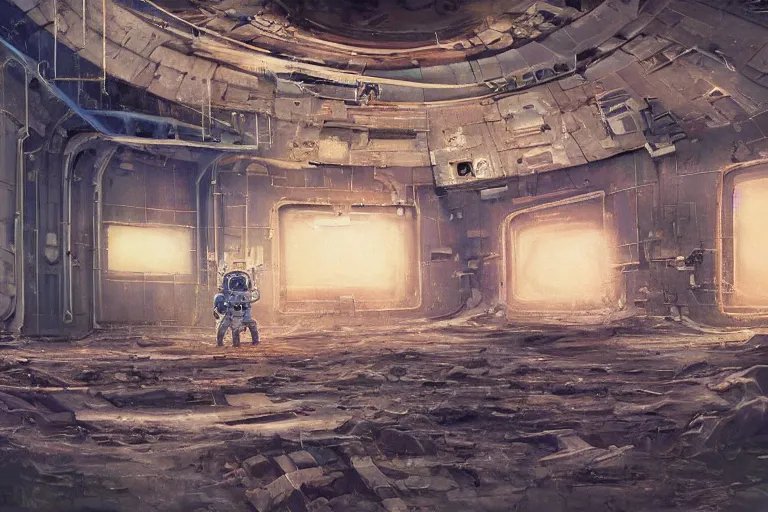 Image similar to A beautiful painting of inside in abandoned rusty space station from kindzadza, Trending on artstation, single astronaut standing and looking on camera