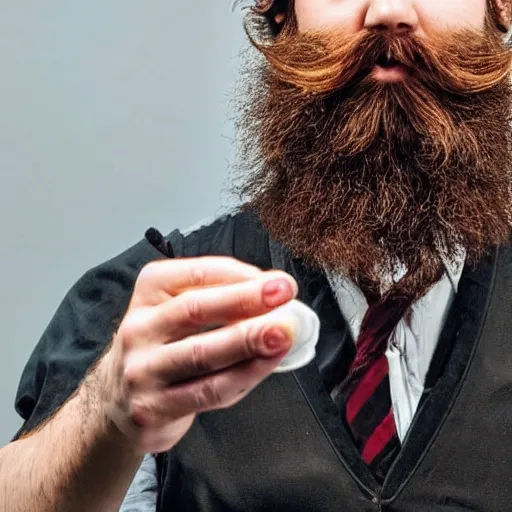 Image similar to harry potter with long beards and beautiful mustache, beard balm in his hand