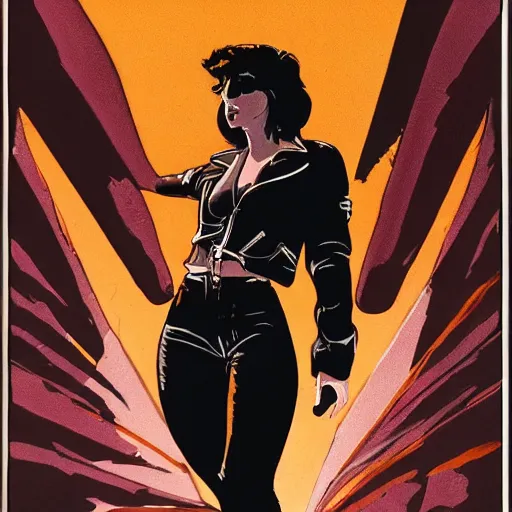 Image similar to young female protagonist in leather jacket, city street, artwork by ralph bakshi