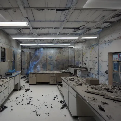 Prompt: modern laboratory, destroyed and abandoned, fire, laser, portal, dust, debris, photo