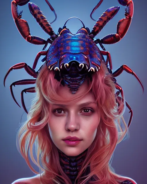 Prompt: portrait of a cute female lobster, bioluminescent, veins, horror, happy, highly detailed, digital painting, cinematic, hyperrealism, dark retrowave, art by stanley lau and artgerm and magali villeneuve and alphonse mucha, artstation, octane render, cgsociety