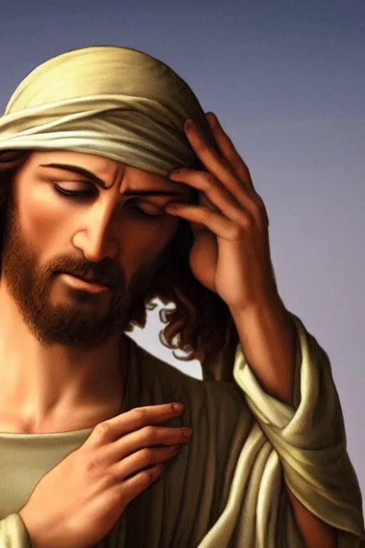 Prompt: jesus doing a facepalm, photorealistic cinematic award winning photo masterpiece