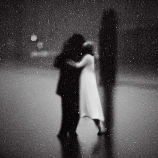 Image similar to A dark picture of two shadowy figures hugging each other, it is raining, 35mm, motion blur