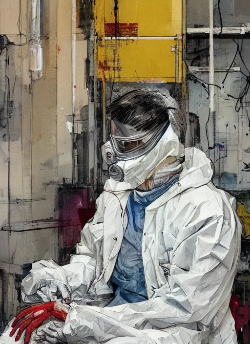 Prompt: an exhausted doctor in a hazmat suit, inside an old Romanian hospital room,. intricate artwork, 8k, Illustration by Alex maleev, James Jean, Adrian Ghenie and Francis Bacon, highly detailed, very coherent, rich colours