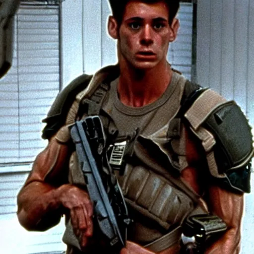 Image similar to tall muscular soldier, still from the movie aliens